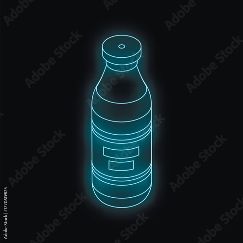 Glowing blue neon bottle shining in darkness, isometric projection of a classic glass bottle