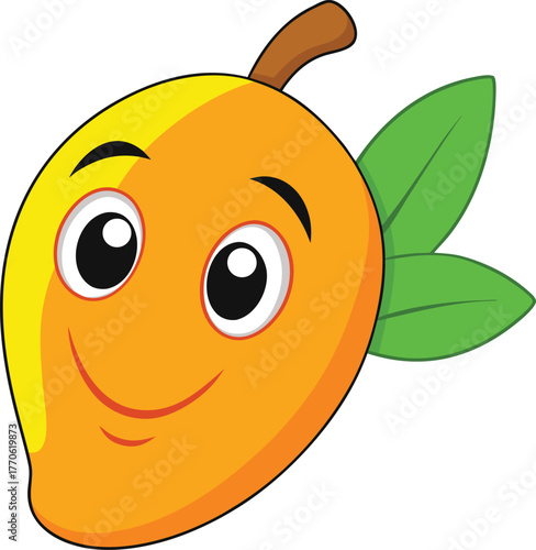 Cute Mango Carton Character Vector Illustration Smiling Fruit Mascot on White Background