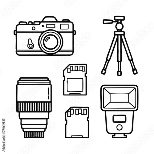 Photography equipment set including camera lens tripod flash and memory cards.