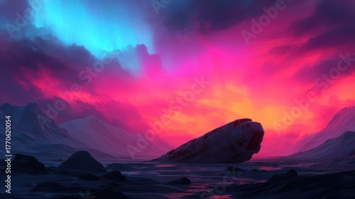 A vibrant, surreal landscape featuring a shipwreck against a dramatic sunset with colorful skies and rugged mountains.