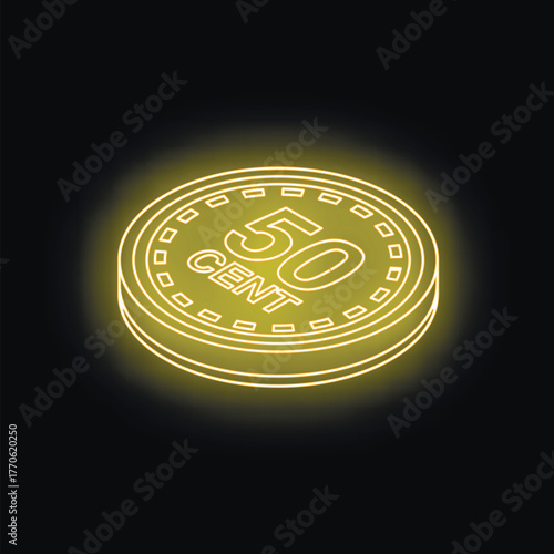 Neon fifty cent coin glowing on a black background, representing finance, currency, and economic concepts