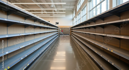 Empty shelves in a store, evoking feelings of scarcity, shortages and economic uncertainty. This image tells of challenges and change in today's world.