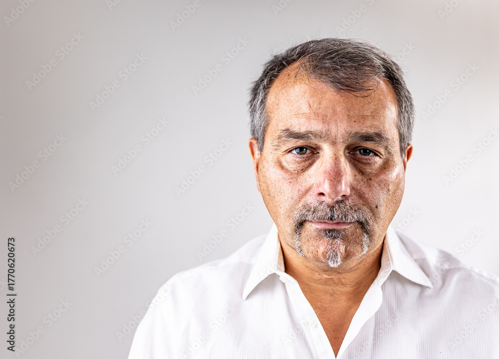 Fototapeta premium Close-up headshot highlights natural wrinkles, facial hair, and emotion, conveying authenticity, wisdom, and confidence in aging.