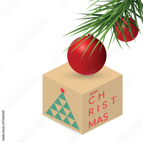 Minimalist Christmas Gift Box with Red Baubles and Pine Branches, perfect for greeting cards, posters, web banners, and festive packaging.