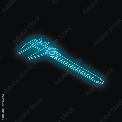 Neon blue vernier caliper measuring tool is glowing on a dark background