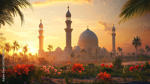 Islamic events like Eid ul Adha, mosque at sunset