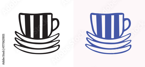 A classic tea cup and saucers illustration in a refined hand drawn sketch style. This vector is ideal for elegant cafe or bakery designs, formal dining themes, and vintage-style graphics.