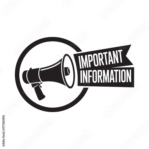 Black and white graphic of a megaphone with a banner announcing important information