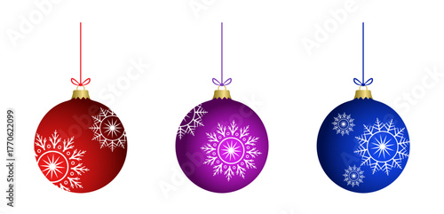 Abstract colorful 3d vintage christmas baubles set with snowflake decoration. Glass balls collection with ice flake to use for christmas card, xmas, winter holiday, new year projects. 