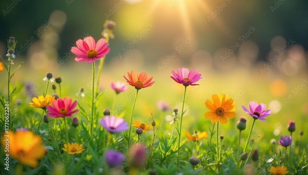 Fototapeta premium Sunlight illuminates vibrant wildflowers in meadow , summer, plantlife