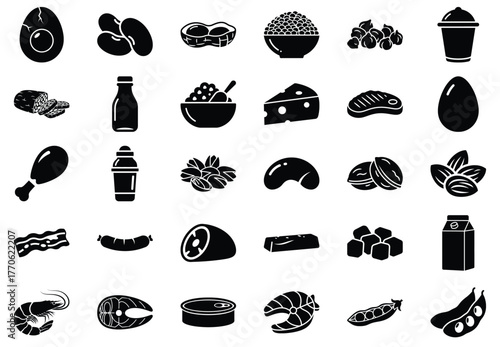 Collection of various protein rich food icons, including eggs, nuts, meat, and dairy products