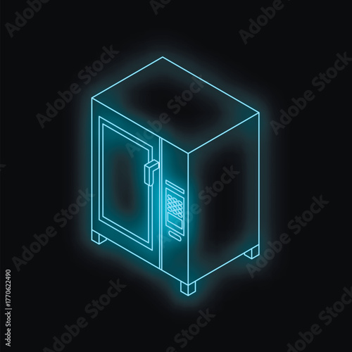 Glowing isometric view of a modern convection oven featuring digital controls, set against a dark background