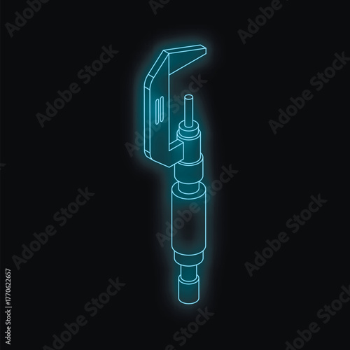 Neon blue isometric vernier caliper measuring tool glowing on a dark background, ideal for engineering and precision measurement concepts