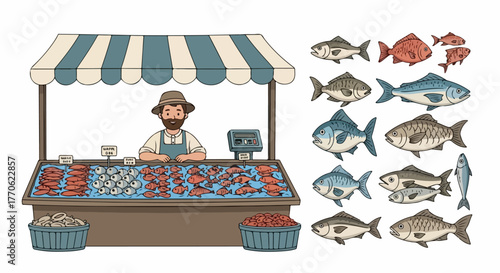 Fish market stall with fresh seafood and vendor