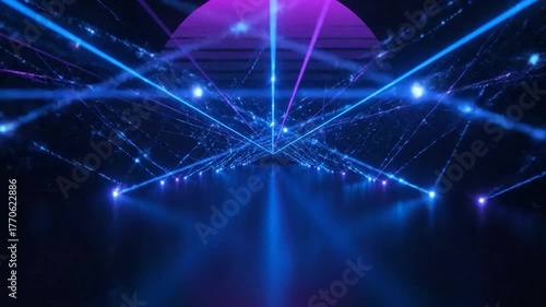 Blue and purple light beams converge, creating an abstract tunnel and glow