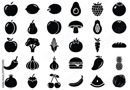 Collection of food icons, representing various fruits, vegetables, and dishes, including an apple, lemon, avocado, raspberry, and plum