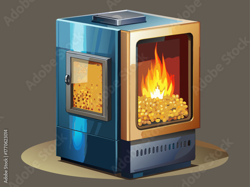 modern pellet stove with glass window showing burning pellets, metallic body, realistic reflections, detailed vector, isolated on background