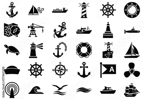 Nautical icon set collection of marinerelated symbols including anchor, ship, lighthouse, wheel, compass, and other maritime elements
