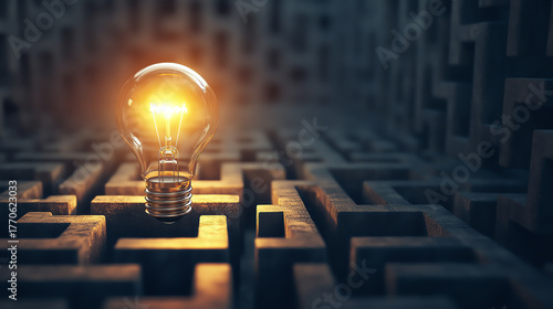 light bulb illuminating dark maze, inspiration in confusion