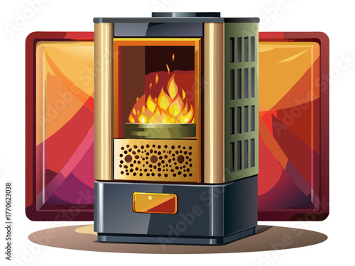 modern pellet stove with glass window showing burning pellets, metallic body, realistic reflections, detailed vector, isolated on background