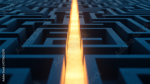 maze with clear glowing path leading out, finding solution metaphor