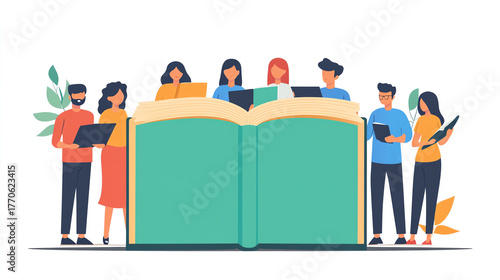 On the same page   diverse team reading the same large book, collaboration and understanding concept
