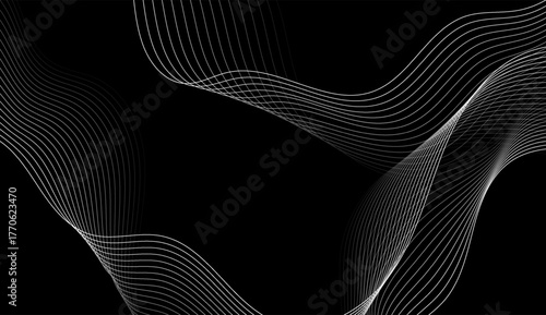 Grey abstract curved wavy lines on black background. Vector futuristic minimal black and white design