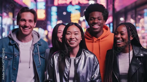 Wallpaper Mural Friends Enjoying Night Out in Vibrant City Lights and Neon Colors Torontodigital.ca