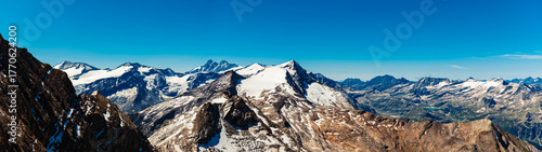 High resolution stitched panorama of an alpine summer view with Mount Grossglockner seen from Mount Kitzsteinhorn, Kaprun, Hohe Tauern mountains, Salzburg, Austria