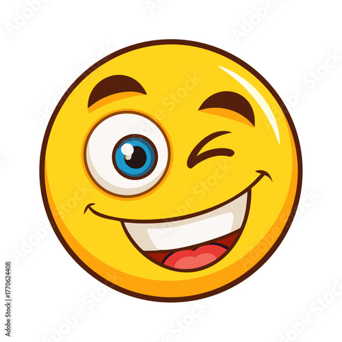 Cartoon smiling face with wink eye, funny vector blink emoji with toothy smile mouth. Happy facial expression, positive feelings, cheerful cute character isolated naughty personage .vector icon
