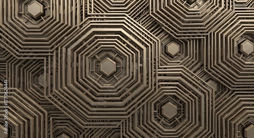 Fototapeta Naklejka Na Ścianę i Meble -  A metallic layered structure of octagons and hexagons interwoven with lines