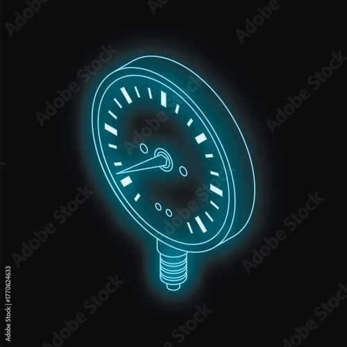Neon blue pressure gauge measuring pressure in isometric view on dark background