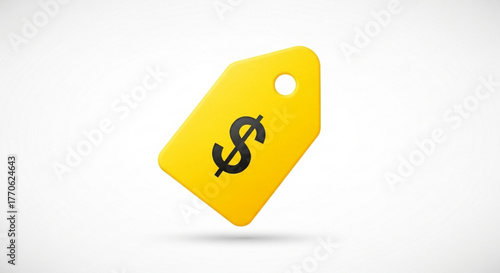 Yellow price tag with dollar sign, representing cost, value, sale, and the concept of financial transactions