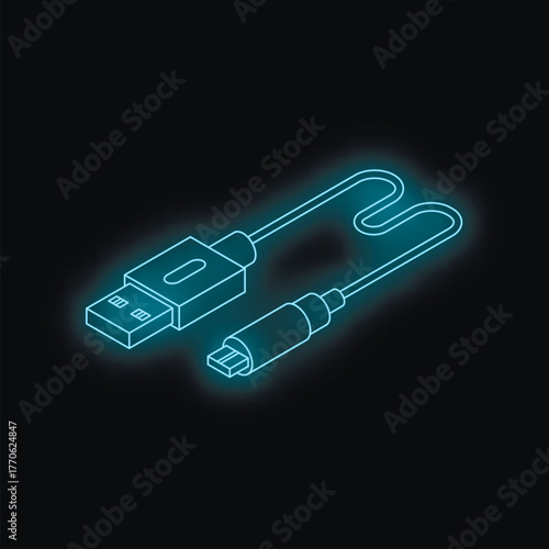 Neon blue micro usb cable with glowing connector plugged into usb port, representing data transfer or charging
