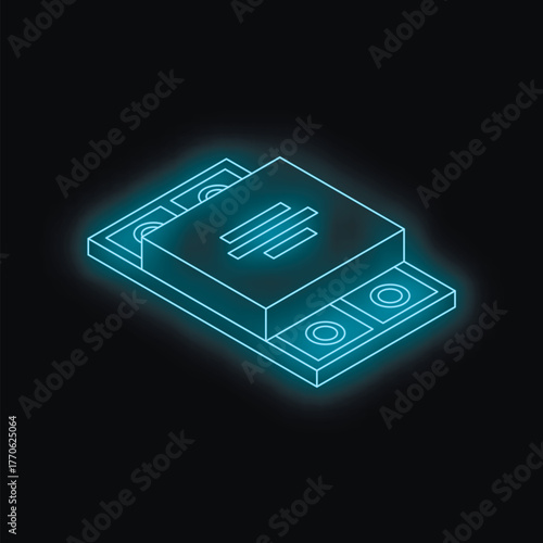 Neon blue isometric illustration representing money laundering concept with banknotes and a box on black background