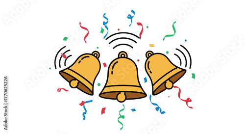 Three golden bells ringing with colorful confetti, festive theme    Hogmanay