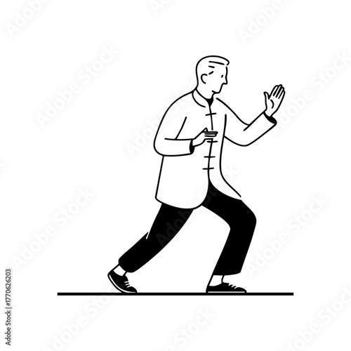 Man practicing tai chi in a calm pose, representing mindfulness, balance, and healthy aging through gentle martial arts exercise.