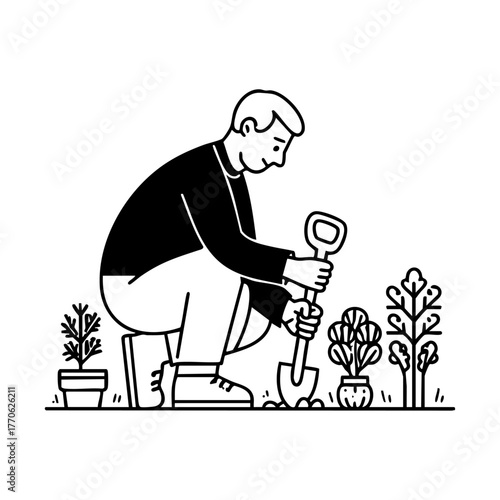 Man gardening and planting small plants, symbolizing sustainable living, outdoor hobbies, and connection with nature.