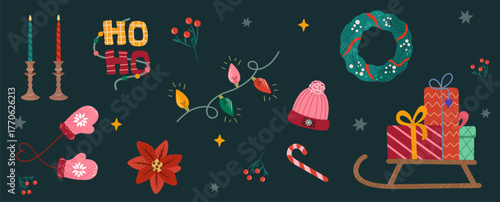 Christmas set with candles, lights, wreath, mittens, hat, poinsettia, holly, candy cane, sleigh and gifts. For banners, greeting cards, party invites, stickers and seasonal decor.