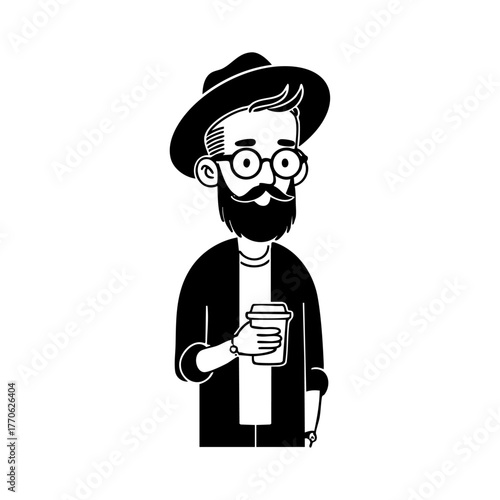 Stylish hipster man with glasses, hat, and beard holding takeaway coffee, representing modern urban lifestyle and individuality.