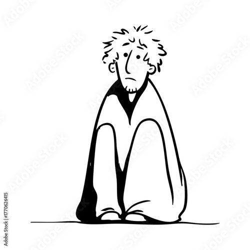 Sad homeless person sitting curled up on the ground, symbolizing poverty, isolation, and compassion awareness.