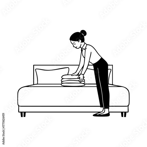 Housekeeper arranging clean towels on a neatly made bed, symbolizing cleanliness, care, and professional hospitality.