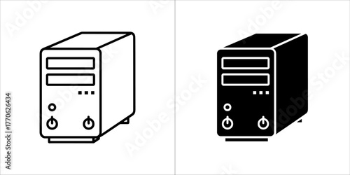 Computer tower icon in outline and solid black on
