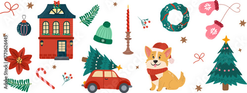 Christmas set with house, wreath, ornaments, candle, mittens, poinsettia and corgi. For greeting cards, stickers, posters, kids activities and holiday banners.