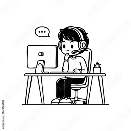 Cartoon-style person with headset at a desk symbolizes customer care, technical assistance, or online communication in a cheerful, approachable way.