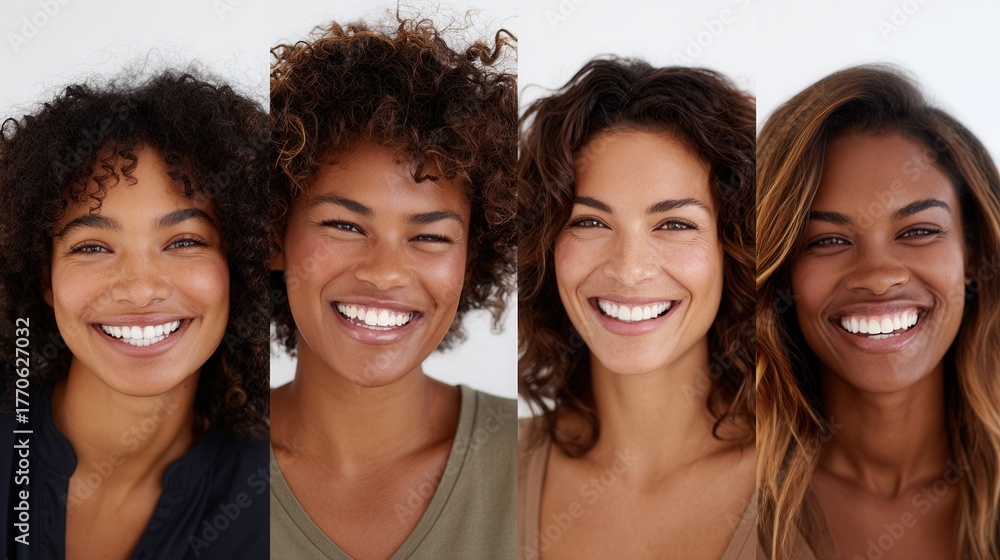 Fototapeta premium Four women with different hairstyles and smiles, showcasing diversity and joy. Ideal for beauty, fashion, and lifestyle themes.