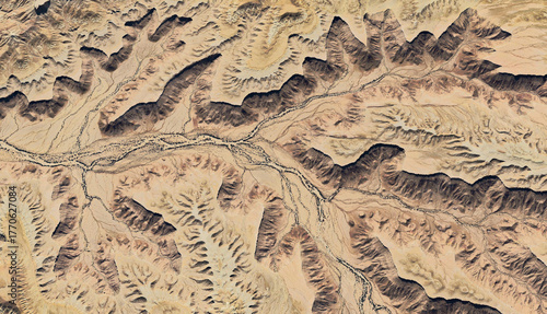 Aerial view of a dried-up riverbed in the desert of Saudi Arabia August 2025