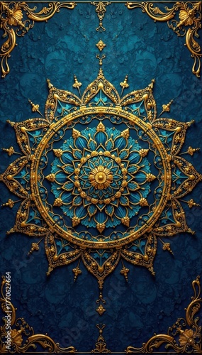 Intricate gold mandala on deep blue, ornate design , zen, spiritual