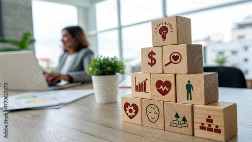Employee wellbeing concept, wooden blocks with physical, mental, emotional health icons, creating employee benefits