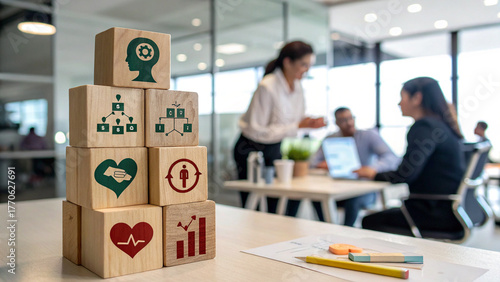 Employee wellbeing concept, wooden blocks with physical, mental, emotional health icons, satisfaction programs